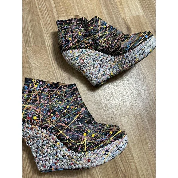 Jeffrey Campbell Boots Womens 10 Black Multi Leather Tick Paint Wedge Booties - Picture 2 of 8